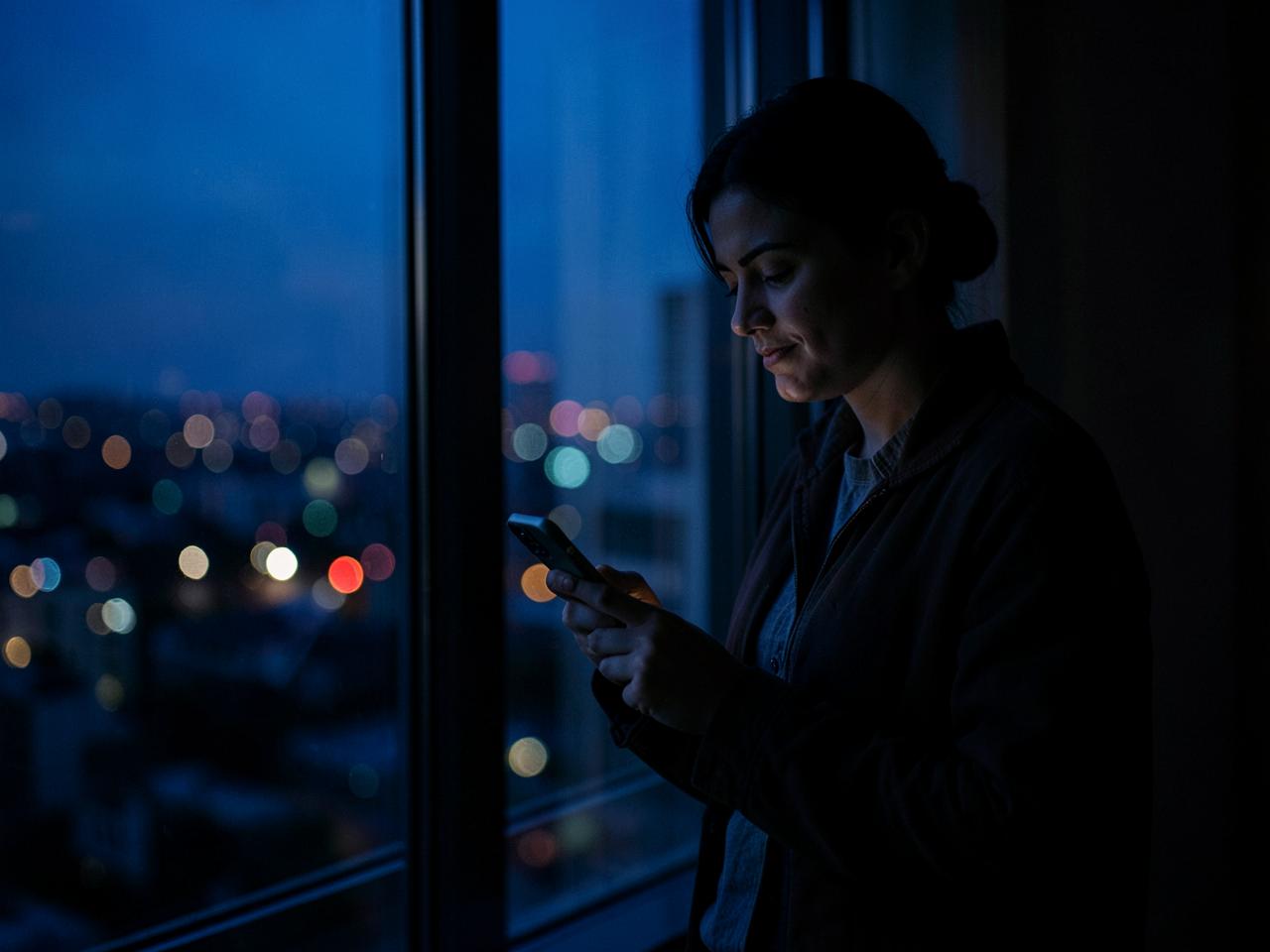 A person at a window at dusk starting a live session on her phone