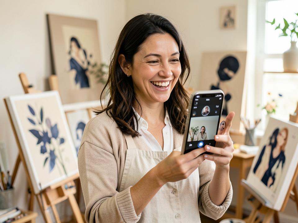 An art teacher smiling during a live one-on-one video session in her studio