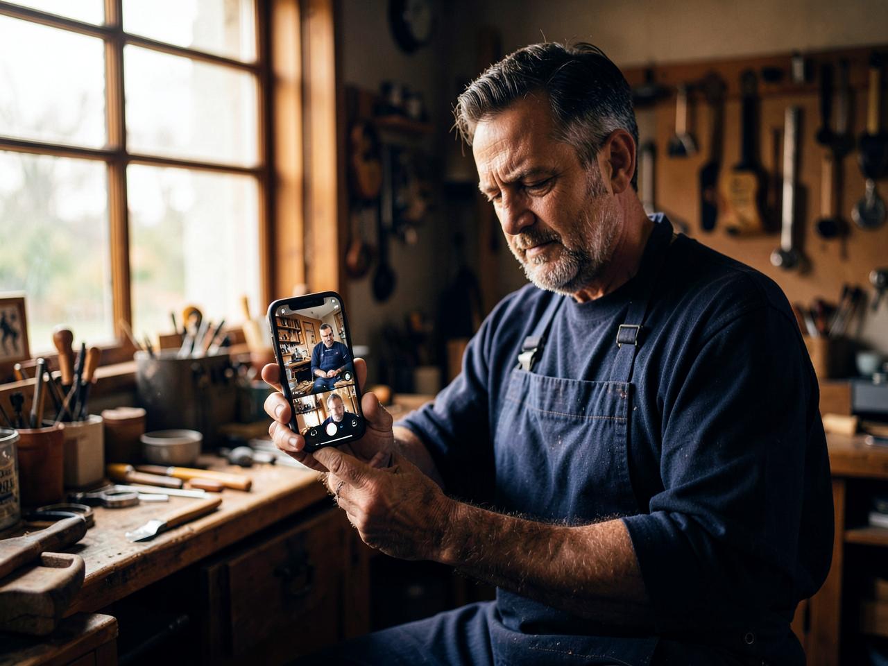 A craftsman in his workshop holding a phone during a live one-on-one session