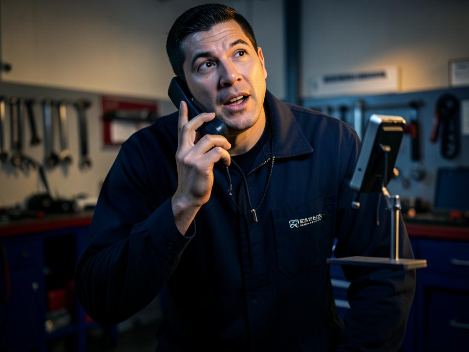 A mechanic guiding a learner through a live session from his workshop