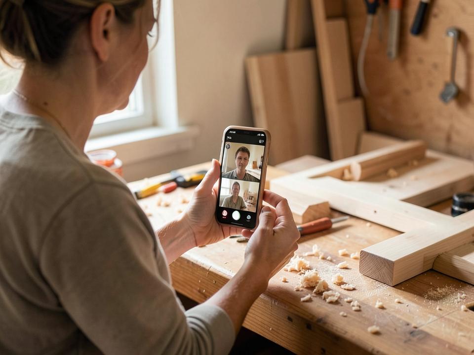 A maker holding a phone on a live session while working at a workbench