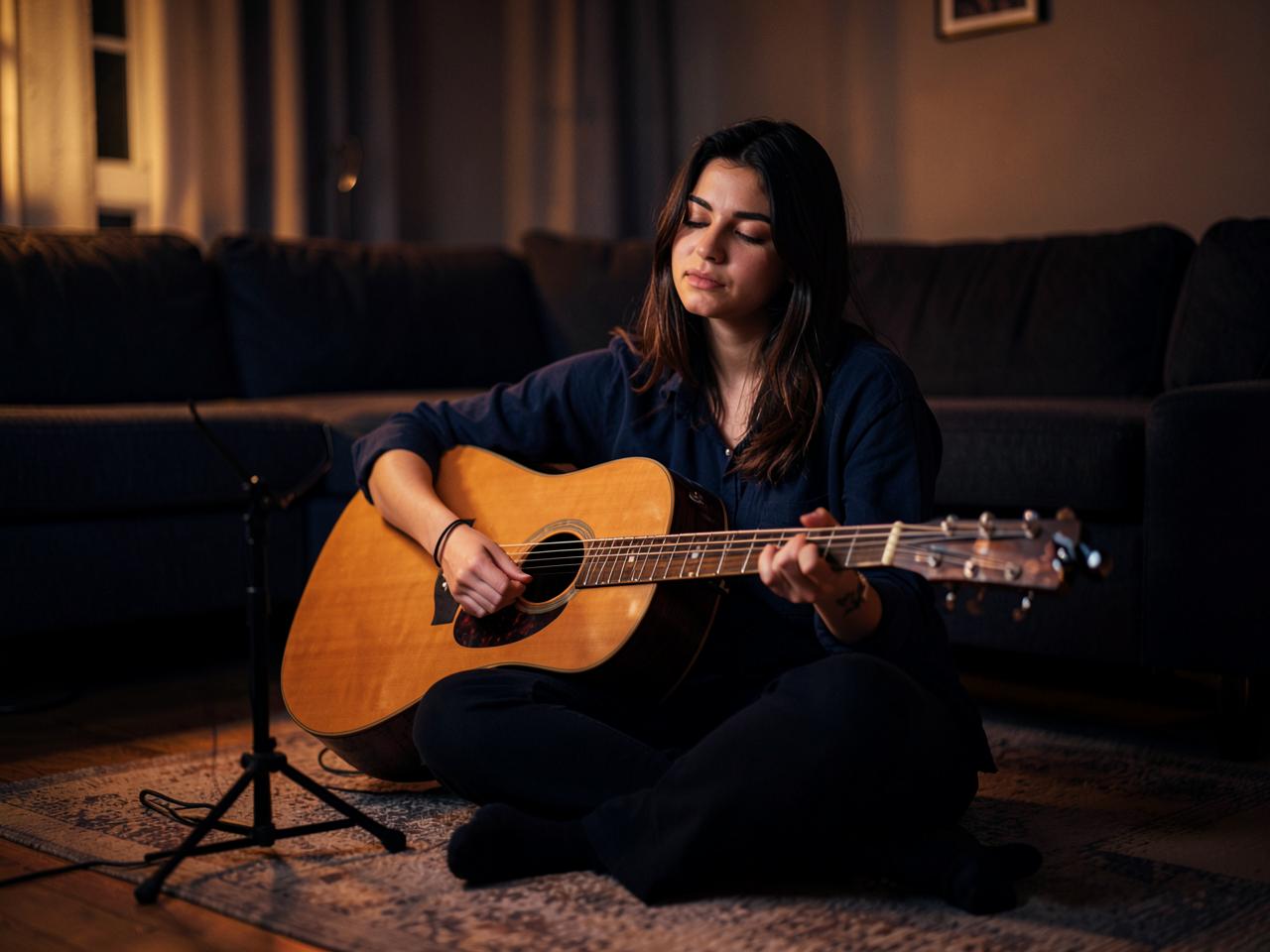 A learner practising guitar at home with a phone on a stand beside her